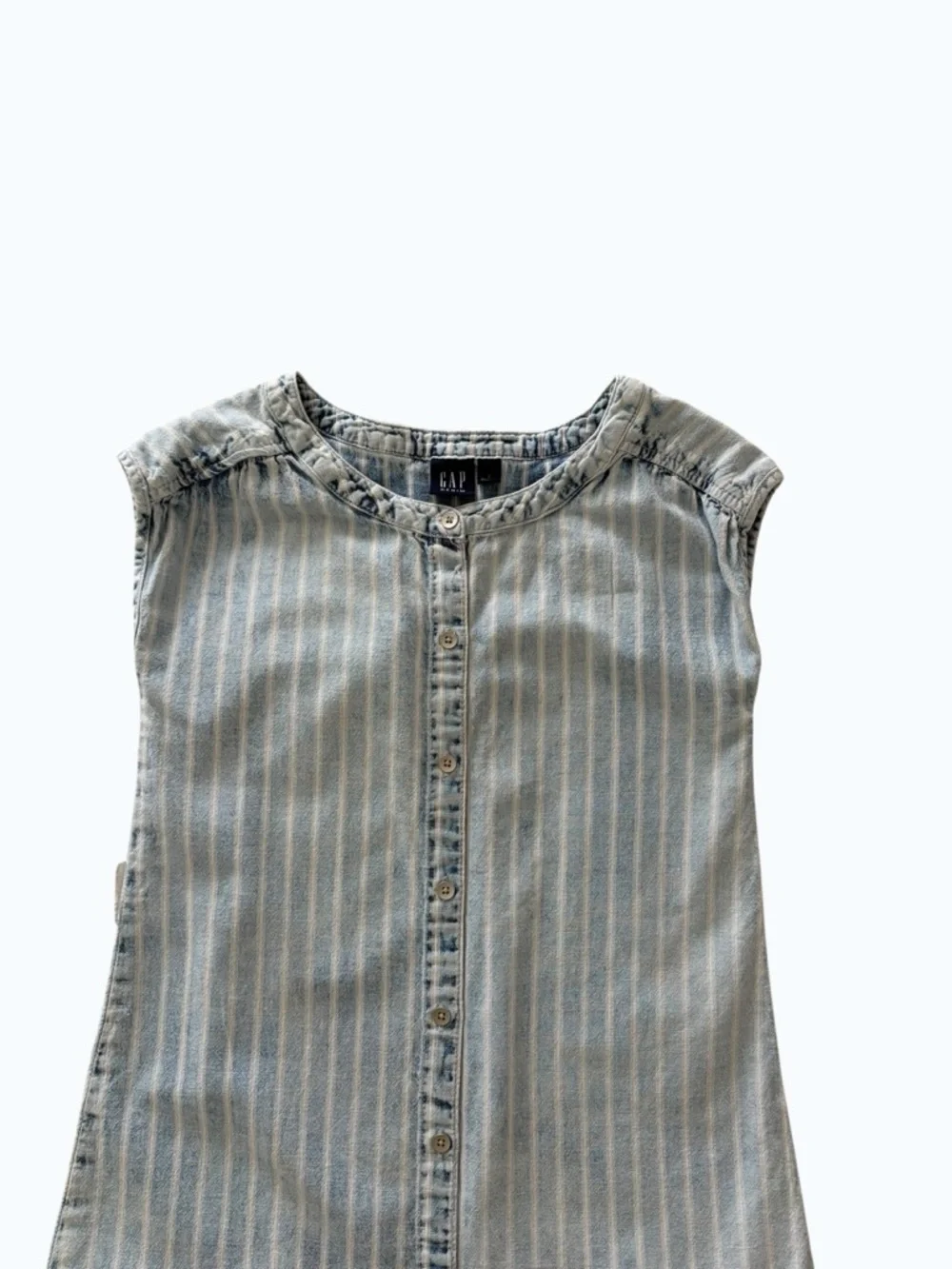 GAP Light Blue and White Striped Sleeveless Button-Front Dress